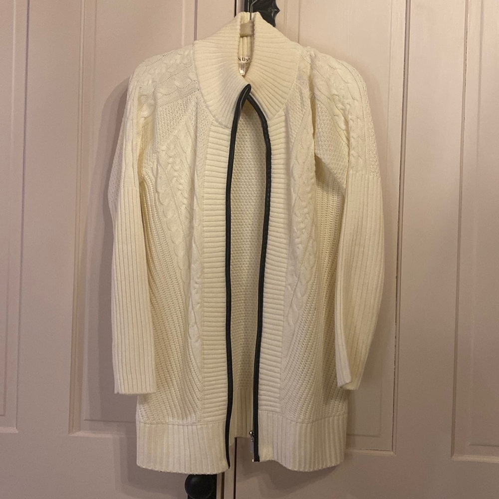 New Venus long cableknit modern cardigan cream with faux leather trim